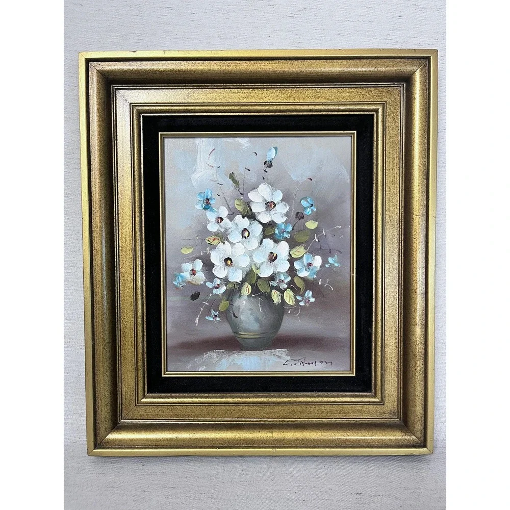 Vintage Floral Oil Painting | Gold Framed Wall Art, Mid-Century Moody Still Life
